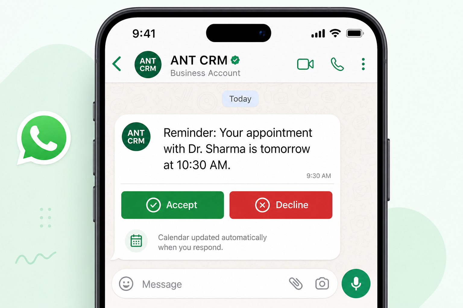 WhatsApp appointment reminder with Accept and Decline confirmation buttons